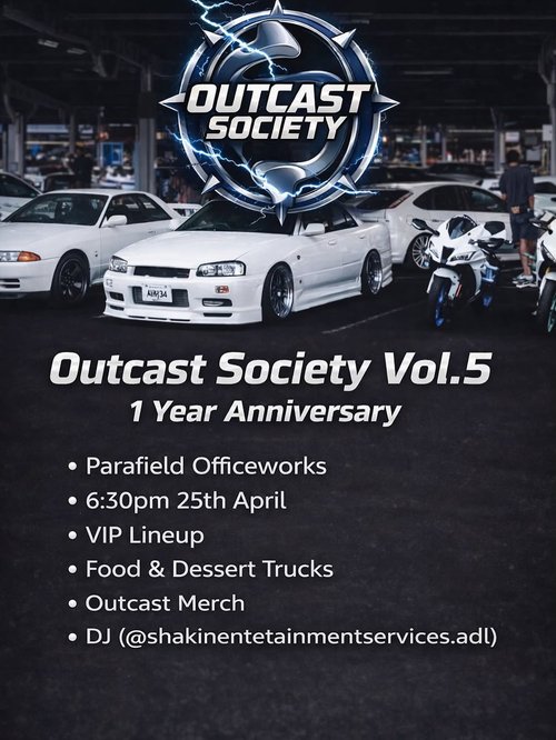 Outcast Society Vol.5 1 Year Anniversary — JDM car meet in Adelaide, SA on Saturday 25 April 2026