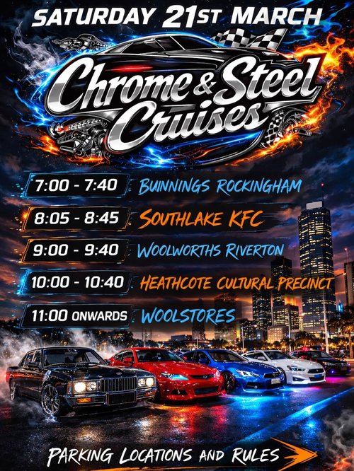 Chrome & Steel Cruises — Muscle car meet in Perth, WA on Saturday 21 March 2026