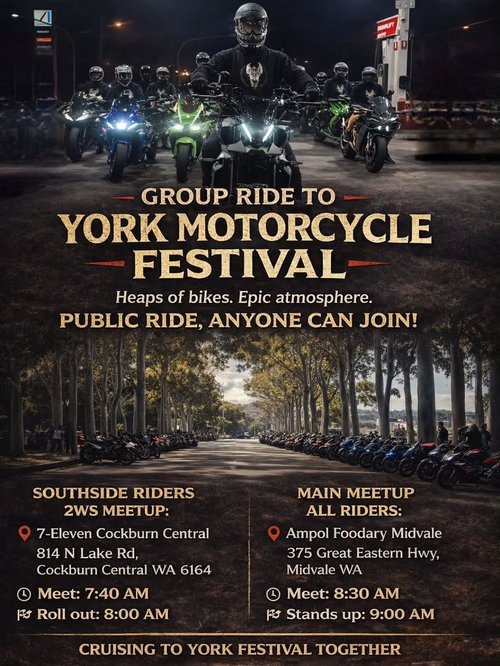 Group Ride to York Motorcycle Festival — car meet in Perth, WA on Sunday 22 March 2026