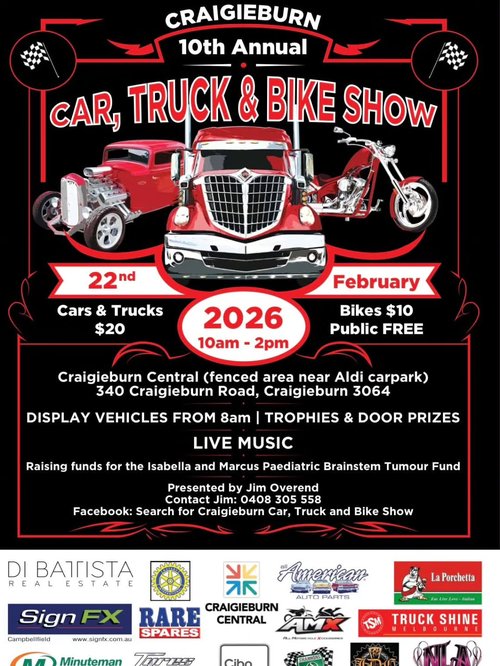 Craigieburn 10th Annual Car, Truck & Bike Show — Muscle/Classic car meet in Melbourne, VIC on Sunday 22 February 2026