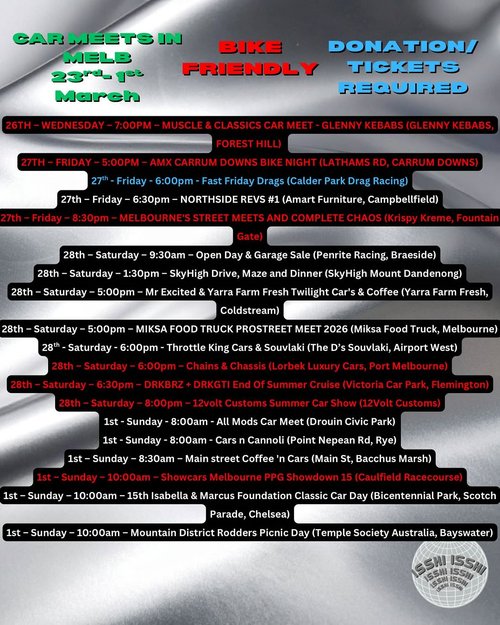 Muscle & Classics Car Meet — Muscle/Classic car meet in Melbourne, VIC on Thursday 26 February 2026