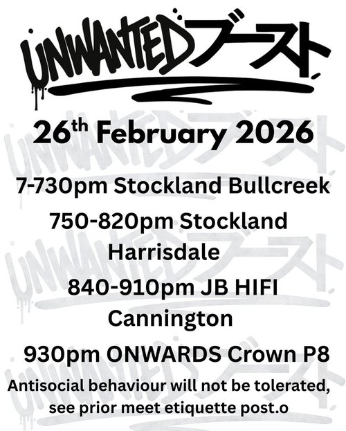 Unwanted Boost Cruise — JDM car meet in Perth, WA on Thursday 26 February 2026