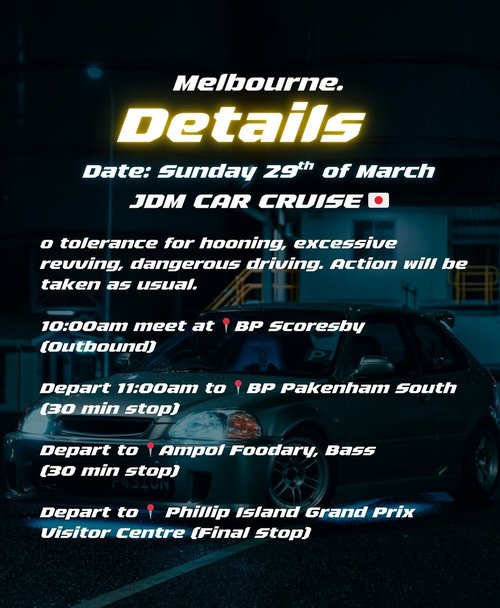 JDM Car Cruise — JDM car meet in Melbourne, VIC on Sunday 29 March 2026
