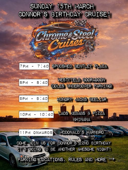 Connor's Birthday Cruise! — Muscle/Classic car meet in Perth, WA on Sunday 15 March 2026