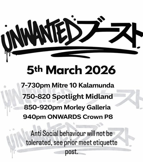 Unwanted Boost Cruise — JDM car meet in Perth, WA on Thursday 5 March 2026