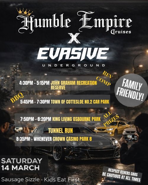 Humble Empire x Evasive Underground Cruise — car meet in Perth, WA on Saturday 14 March 2026