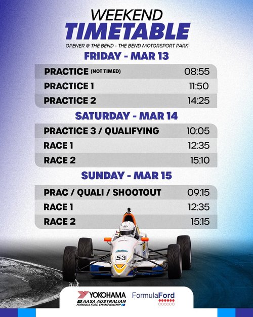 Yokohama Tyre AASA Australian Formula Ford Championship - Weekend Timetable — spectator event in Adelaide, SA on Friday 13 March 2026