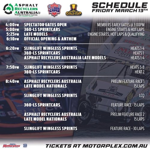 Asphalt Recyclers Australia Sprintcar Gold Cup & Late Model Nationals - Day 1 — Muscle spectator event in Perth, WA on Friday 13 March 2026