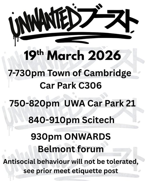 Unwanted Boost Cruise — JDM car meet in Perth, WA on Thursday 19 March 2026