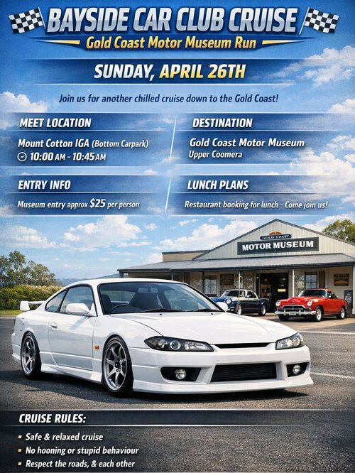 Bayside Car Club Cruise - Gold Coast Motor Museum Run — JDM car meet in Gold Coast, QLD on Sunday 26 April 2026