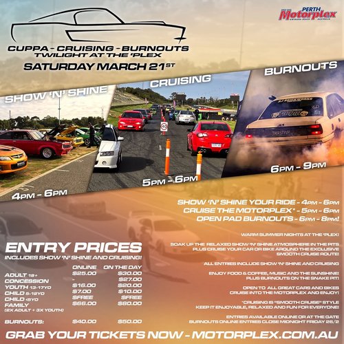 Cuppa - Cruising - Burnouts Twilight at the 'Plex — Muscle track day in Perth, WA on Saturday 21 March 2026