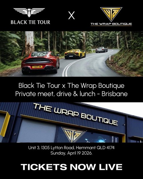 Black Tie Tour x The Wrap Boutique — Exotic car meet in Brisbane, QLD on Sunday 19 April 2026