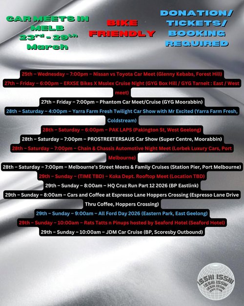 Nissan vs Toyota Car Meet — JDM car meet in Melbourne, VIC on Wednesday 25 March 2026