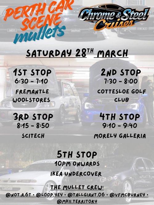 Perth Car Scene Mullets Cruise — Muscle car meet in Perth, WA on Saturday 28 March 2026