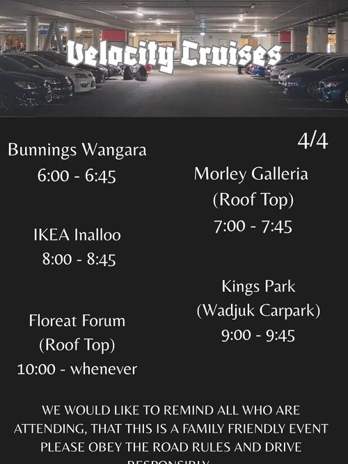Velocity Cruises — car meet in Perth, WA on Saturday 4 April 2026