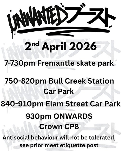 Unwanted Boost Cruise — JDM car meet in Perth, WA on Thursday 2 April 2026