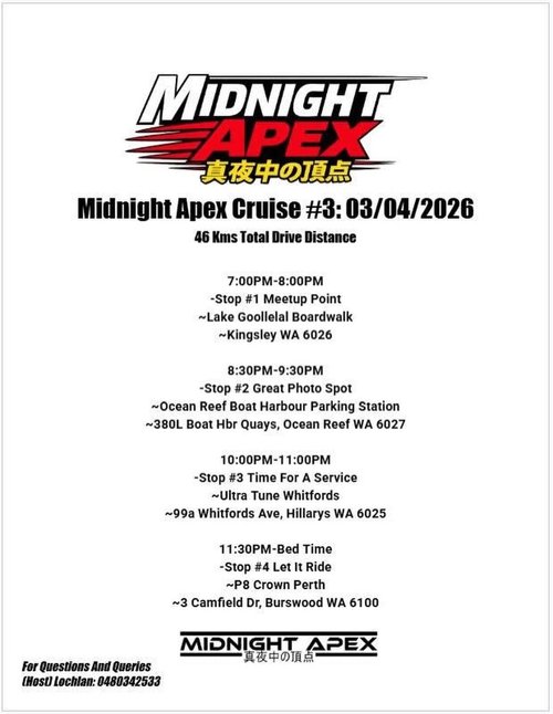 Midnight Apex Cruise #3 — JDM car meet in Perth, WA on Friday 3 April 2026