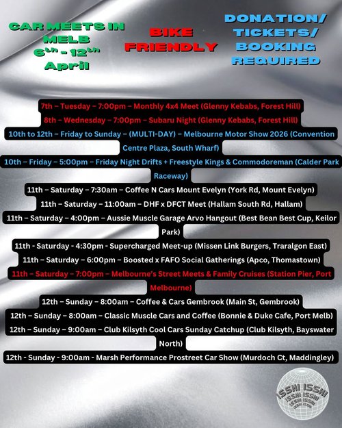 Melbourne's Street Meets & Family Cruises — car meet in Melbourne, VIC on Saturday 11 April 2026
