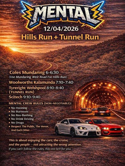 Hills Run + Tunnel Run — car meet in Perth, WA on Sunday 12 April 2026