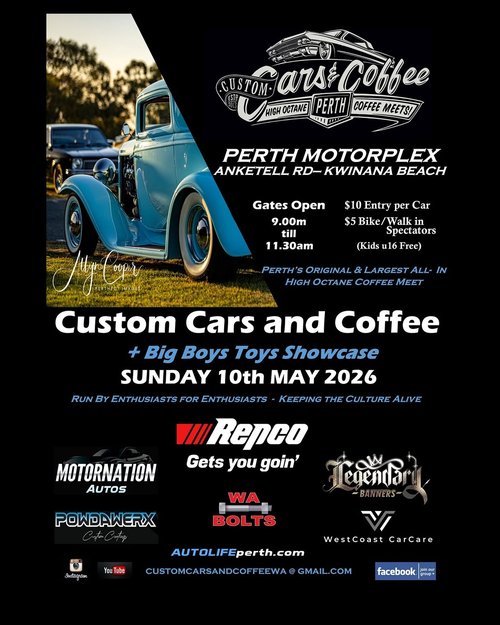 Custom Cars and Coffee + Big Boys Toys Showcase — Muscle/JDM car meet in Perth, WA on Sunday 10 May 2026