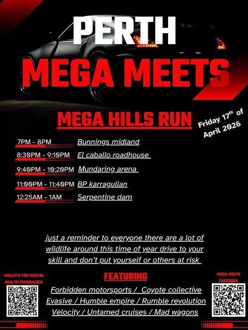 Perth Mega Meets - Mega Hills Run — JDM/Muscle car meet in Perth, WA on Friday 17 April 2026