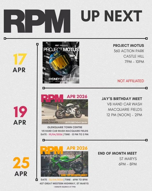 Project Motus Sydney Bike Meet — car meet in Sydney, NSW on Friday 17 April 2026