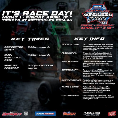 Australian Wingless Sprint Championship — Muscle spectator event in Perth, WA on Friday 17 April 2026