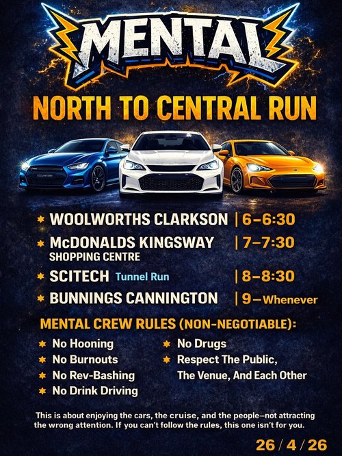 North to Central Run — car meet in Perth, WA on Sunday 26 April 2026