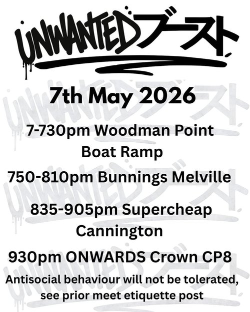 Unwanted Boost Cruise — JDM car meet in Perth, WA on Thursday 7 May 2026