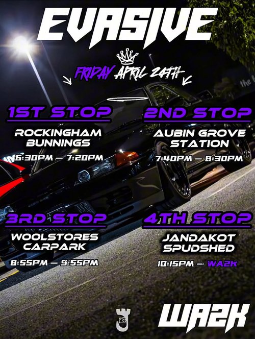 Evasive x WA2K Friday Night Event — JDM car meet in Perth, WA on Friday 24 April 2026