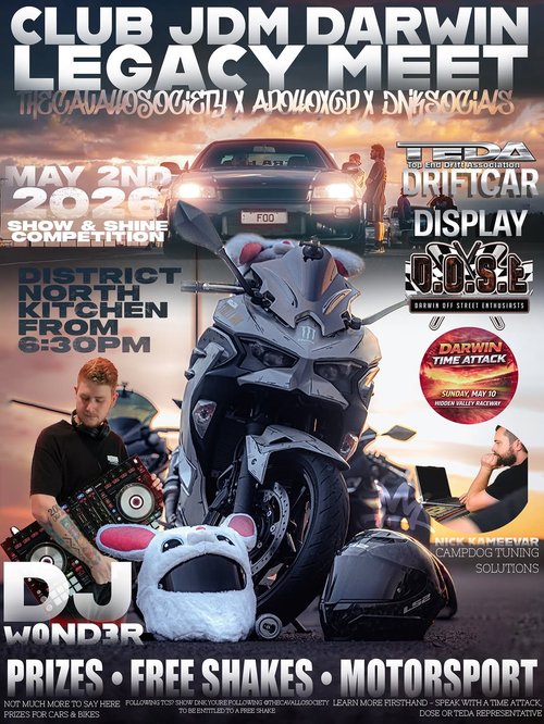 Club JDM Darwin Legacy Meet — JDM car meet in Darwin, NT on Saturday 2 May 2026