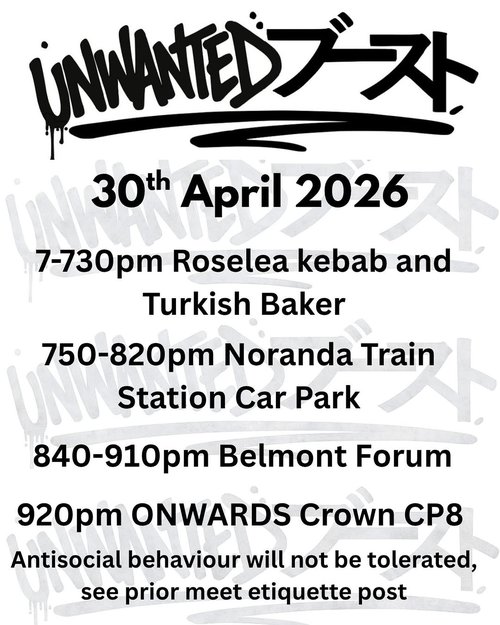 Unwanted Boost Cruise — JDM car meet in Perth, WA on Thursday 30 April 2026