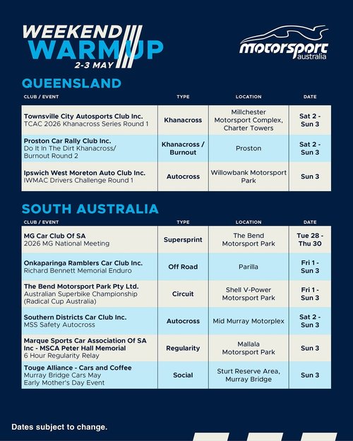 Murray Bridge Cars May Early Mother's Day Event — JDM car meet in Adelaide, SA on Sunday 3 May 2026