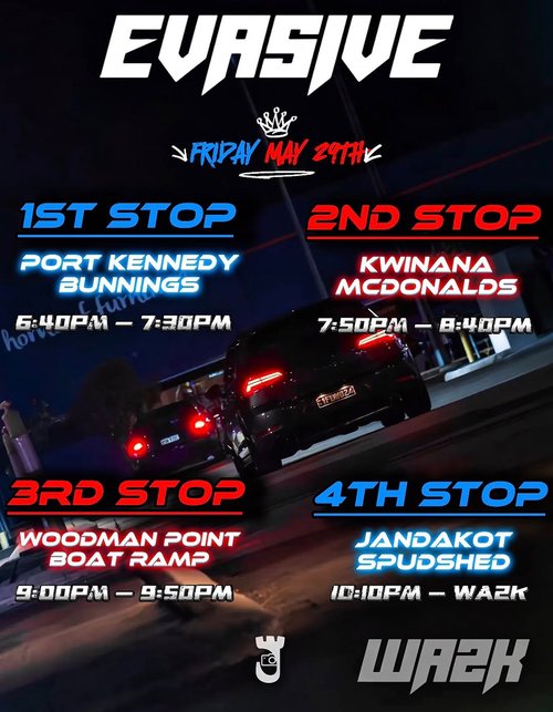 Evasive x WA2K Friday Night Cruise — JDM car meet in Perth, WA on Friday 29 May 2026