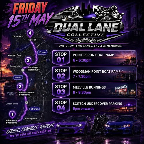 Dual Lane Collective Cruise — car meet in Perth, WA on Friday 15 May 2026