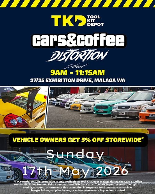 Tool Kit Depot x Distortion Street Cars & Coffee — JDM/Stance car meet in Perth, WA on Sunday 17 May 2026