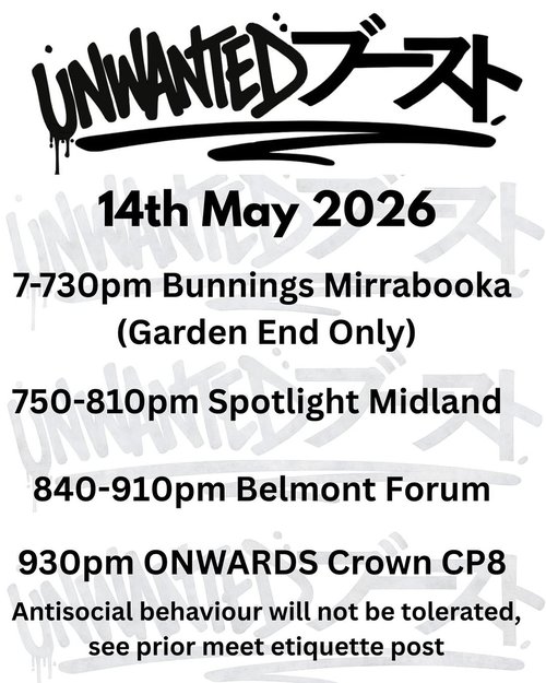 Unwanted Boost Cruise — JDM car meet in Perth, WA on Thursday 14 May 2026