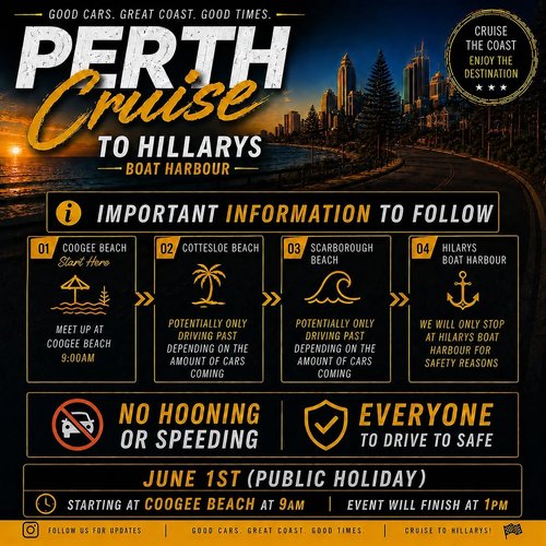 Perth Cruise to Hillarys Boat Harbour — Exotic car meet in Perth, WA on Monday 1 June 2026