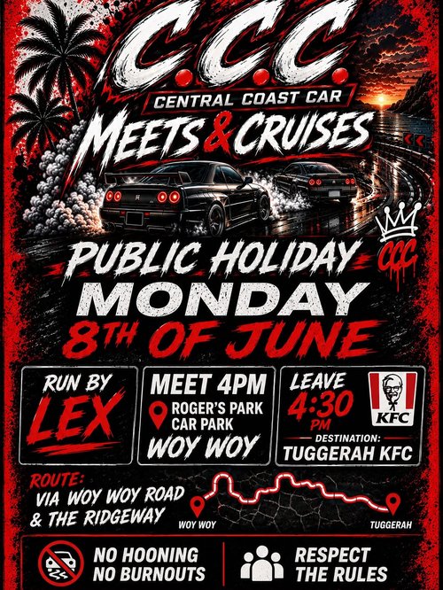 CCC Public Holiday Cruise — JDM car meet in Central Coast, NSW on Monday 8 June 2026