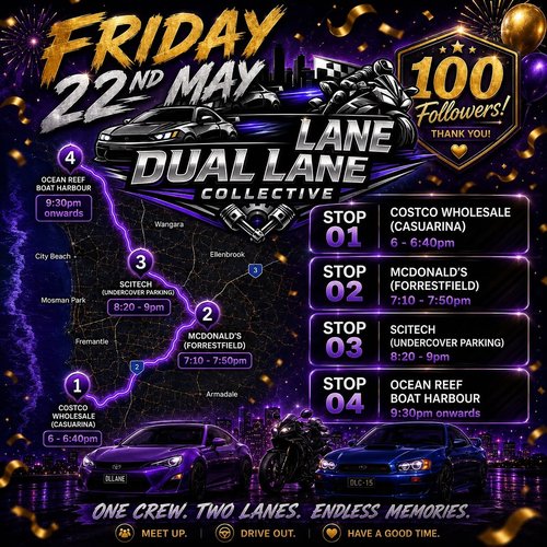 Dual Lane Collective 100 Followers Meet & Cruise — JDM car meet in Perth, WA on Friday 22 May 2026