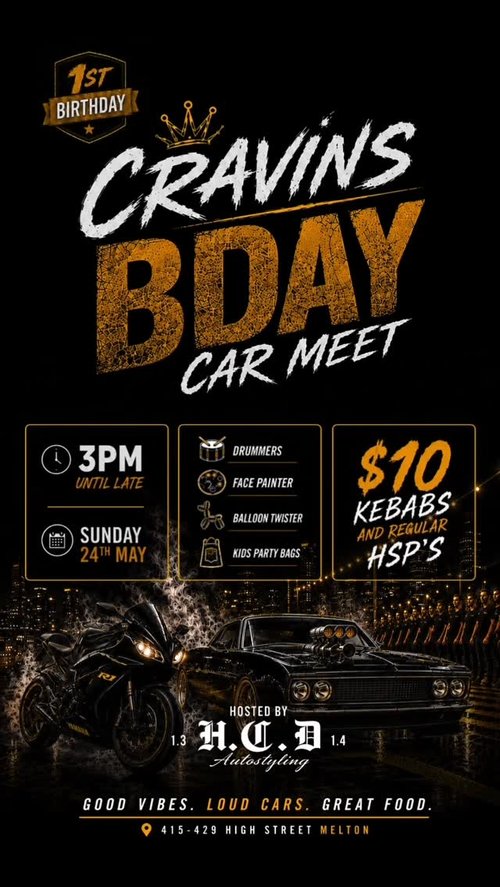 Cravins Bday Car Meet — Muscle car meet in Melbourne, VIC on Sunday 24 May 2026