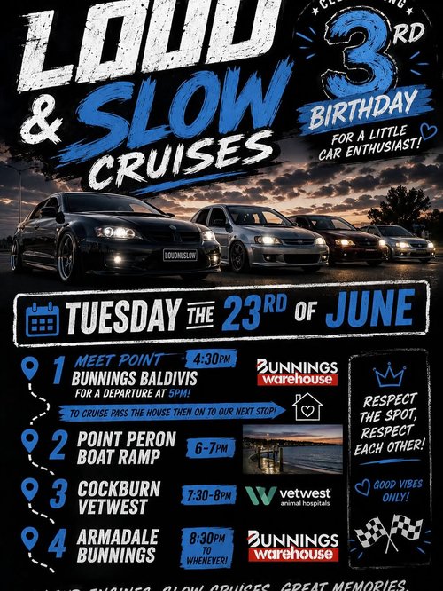 Loud & Slow Cruises 3rd Birthday — Stance/Muscle car meet in Perth, WA on Tuesday 23 June 2026