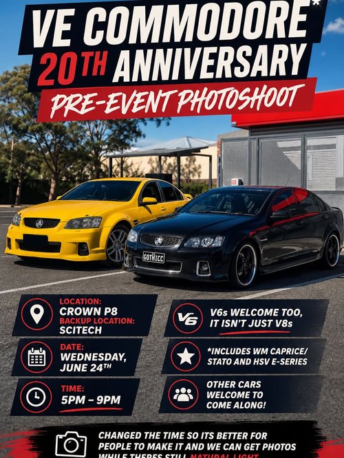 VE Commodore 20th Anniversary Pre-Event Photoshoot — Muscle/Stance car meet in Perth, WA on Wednesday 24 June 2026
