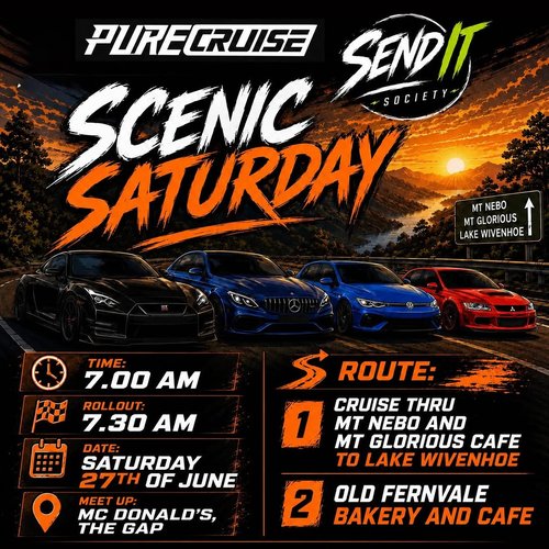 Scenic Saturday — JDM/Euro car meet in Brisbane, QLD on Saturday 27 June 2026