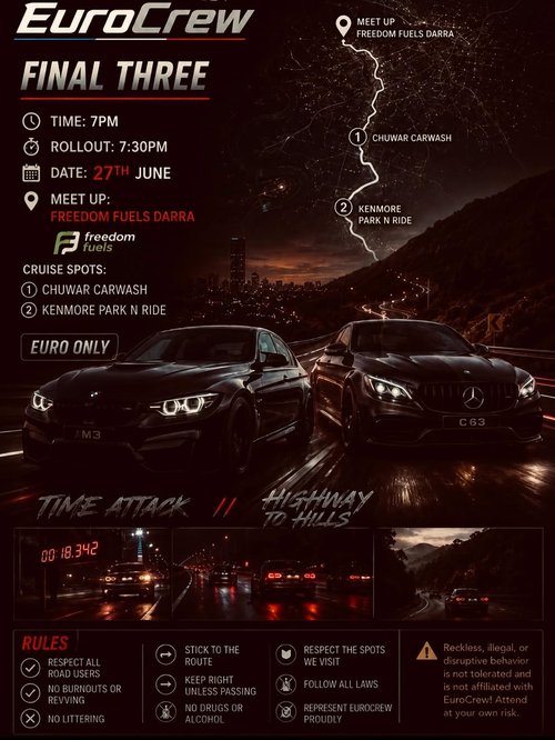 Final Three — Euro car meet in Brisbane, QLD on Saturday 27 June 2026