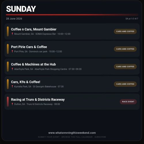 Coffee n Cars, Mount Gambier — Muscle car meet in Adelaide, SA on Sunday 28 June 2026