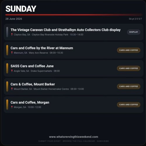 Cars and Coffee by the River at Mannum — Muscle car meet in Adelaide, SA on Sunday 28 June 2026