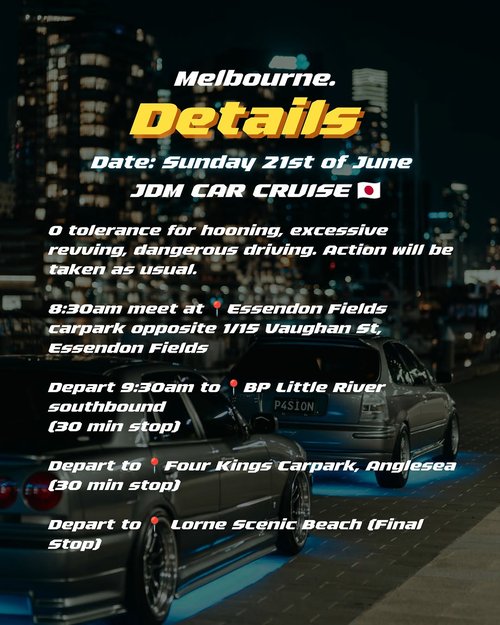 JDM Car Cruise — JDM car meet in Melbourne, VIC on Sunday 21 June 2026
