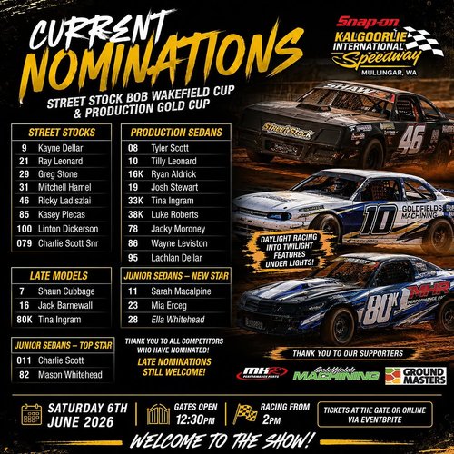 Street Stock Bob Wakefield Cup & Production Gold Cup — Muscle spectator event in Perth, WA on Saturday 6 June 2026