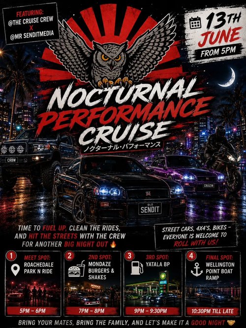 Nocturnal Performance Cruise — 4x4/JDM car meet in Brisbane, QLD on Saturday 13 June 2026